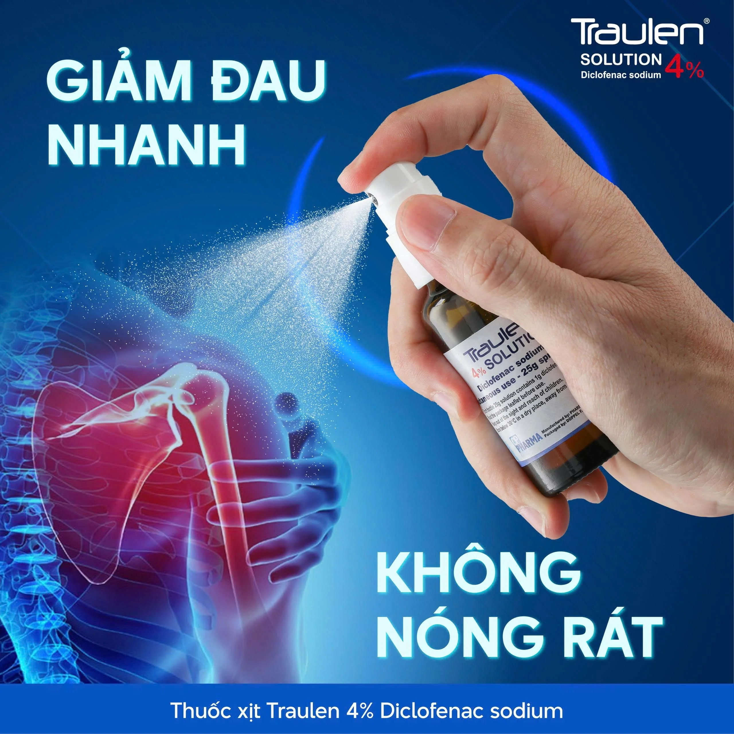 Microemulsion trong phân phối Diclofenac 6 Dung dịch xịt ngoài da Traulen chứa Diclofenac 4% hỗ trợ điều trị tại chỗ đau và viêm do thấp khớp hoặc do chấn thương ở khớp, cơ, gân và dây chằng