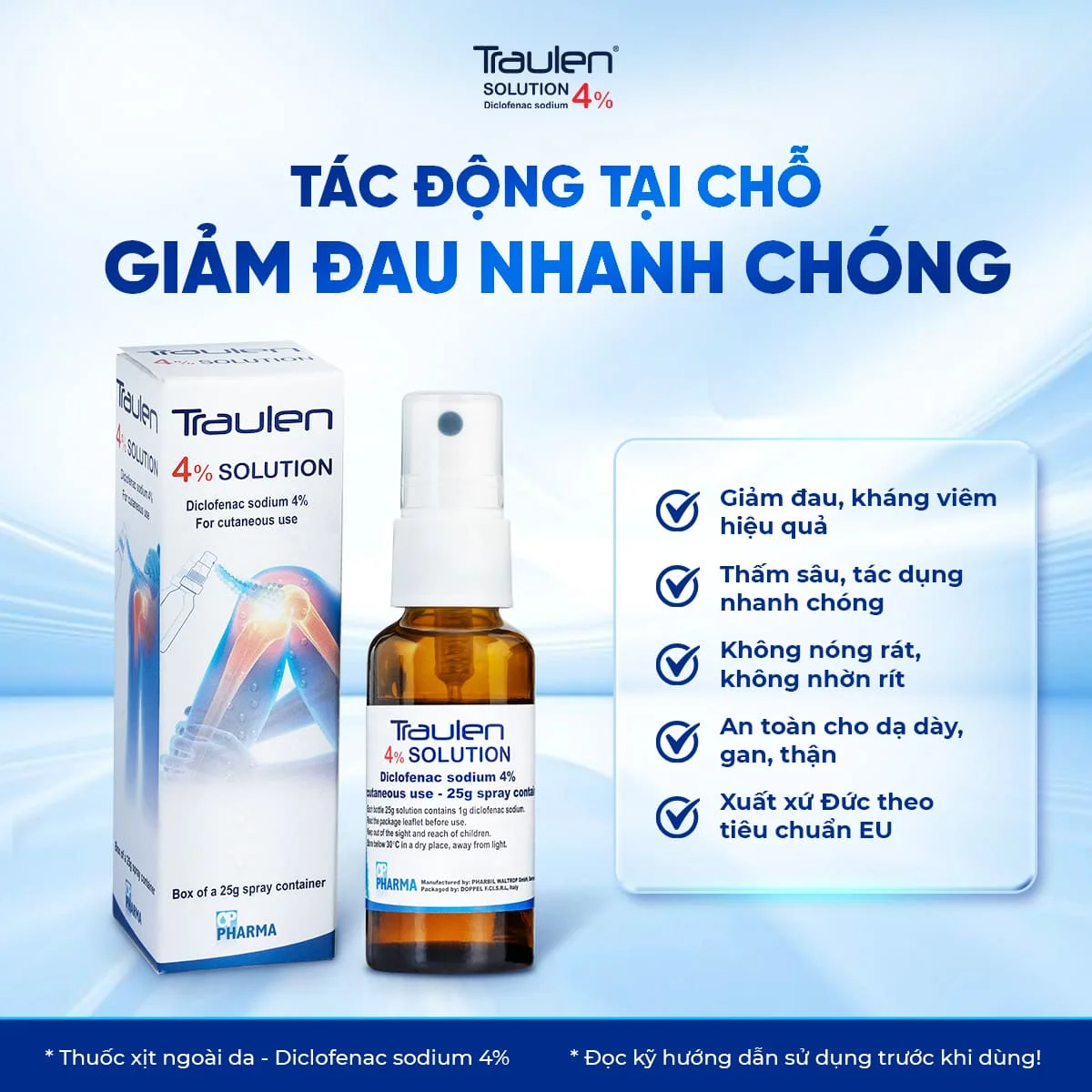 Traulen 4% Solution với Diclofenac sodium 4% giúp hỗ trợ giảm đau và kháng viêm ngay tại vùng đau